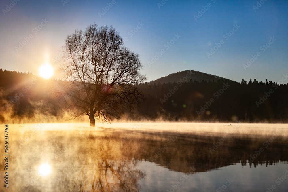 Sunrise above the misty lake