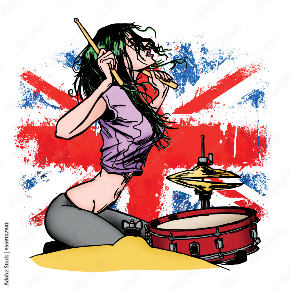 custom made wallpaper toronto digitala girl musician drummer plays against the background of the British flag