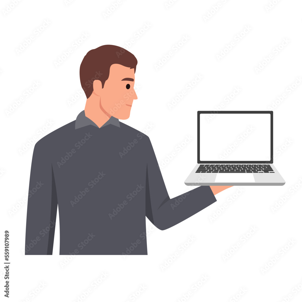 Young man holding or showing the blank screen of a laptop computer. Flat vector illustration isolated on white background Young man holding or showing the blank screen of a laptop computer. Flat vector illustration isolated on white background