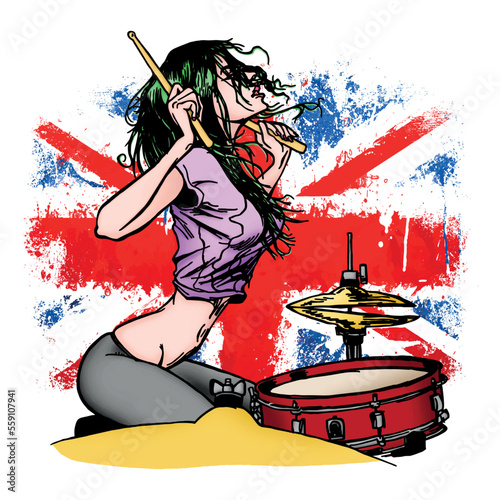 Wallpaper Mural a girl musician drummer plays against the background of the British flag Torontodigital.ca