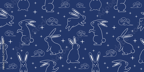 Seamless pattern with zodiacal rabbits in the sky, seamless pattern for Chinese New Year, 2023 Year of the Rabbit, pattern for gifts covers, backgrounds, invitations.