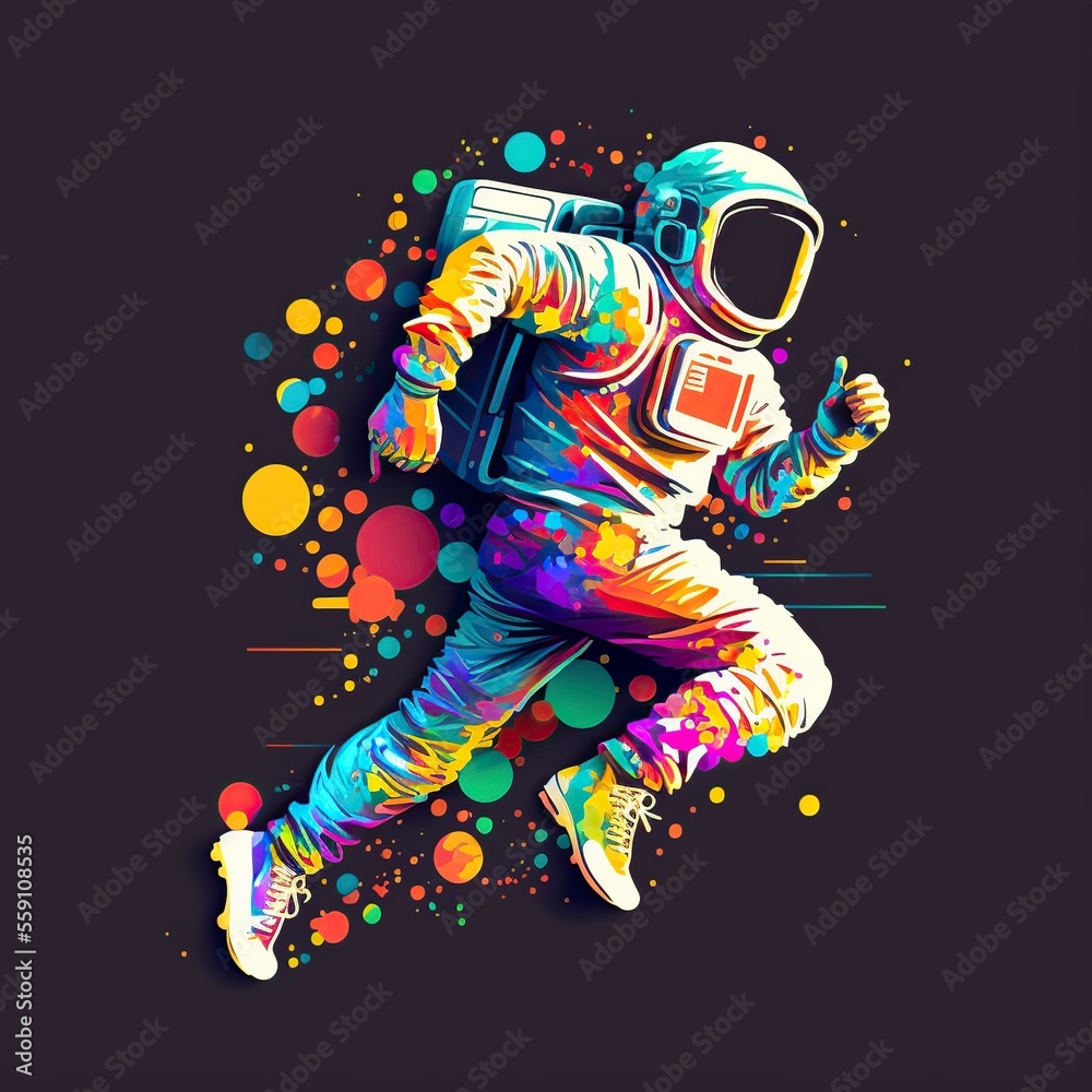 illustration of a paint splattered astronaut running forward, image generated by AI. illustration of a paint splattered astronaut running forward, image generated by AI.