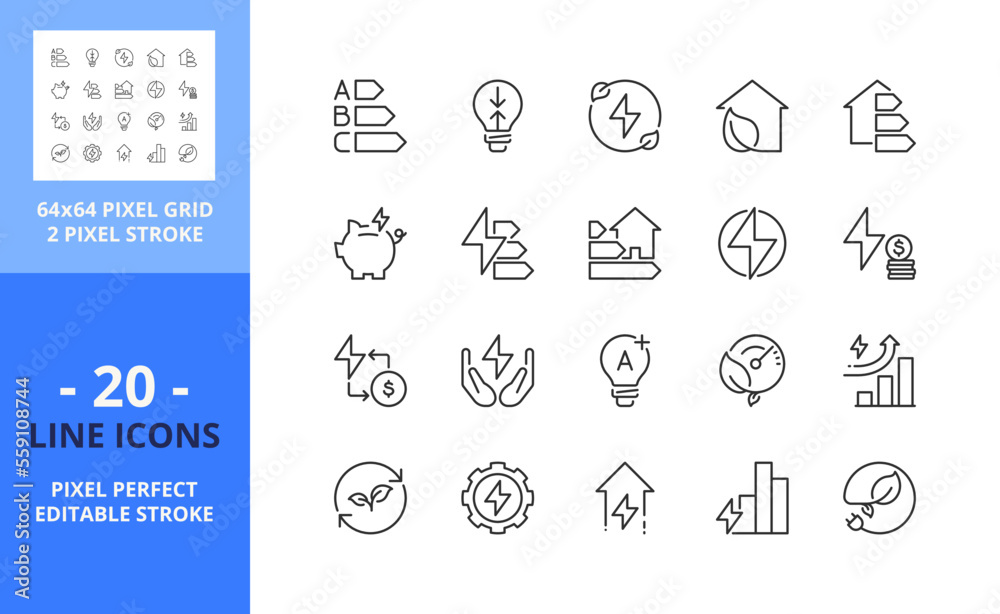 Line icons about energy efficiency and saving. Sustainable development. Pixel perfect 64x64 and editable stroke