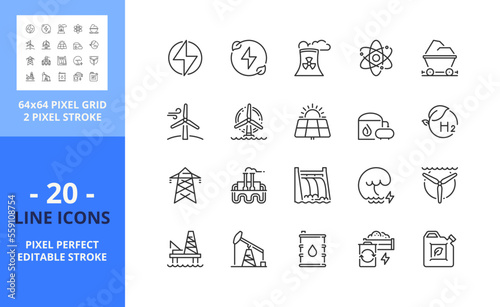 Line icons about energy. Pixel perfect 64x64 and editable stroke