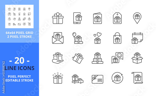 Line icons about gift. Shopping concept. Pixel perfect 64x64 and editable stroke