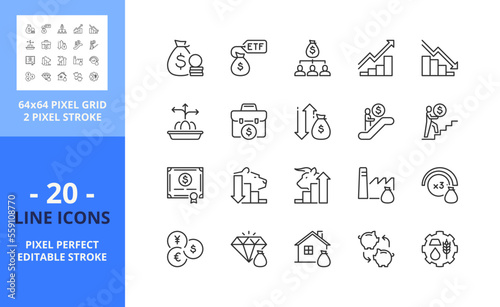 Line icons about investment fund. Financial concept.  Pixel perfect 64x64 and editable stroke