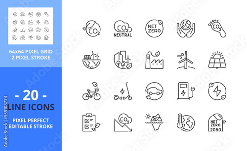 Line icons about net zero. Sustainable development. Pixel perfect 64x64 and editable stroke