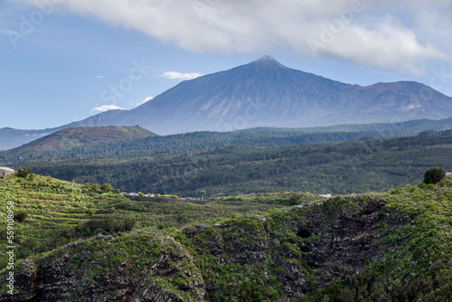 Distant View of Mount Teide from Northeast Tenerife, over the Woods and Hills