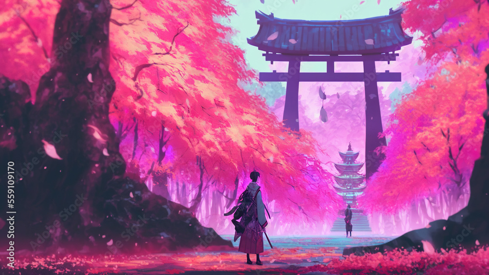 4K Desktop Wallpaper of Japan, Pink, Trees and Samurai Stock