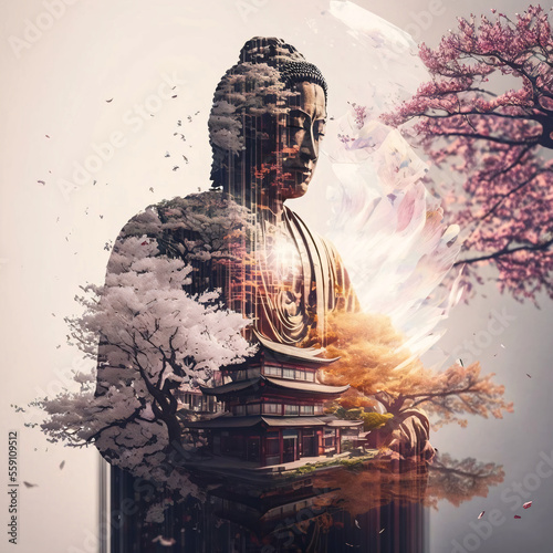 Buddha statue with cherry blossom. Mediation and zen concept. Designed using generative ai.  photo
