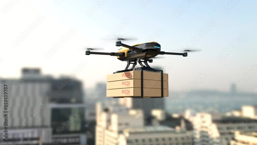 A drone is delivering pizza in the city, Food delivery concept A drone is delivering pizza in the city, Food delivery concept
