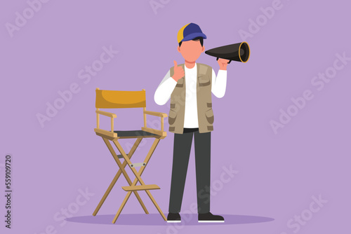 Cartoon flat style drawing of male film director standing and holding megaphone with thumbs up gesture while prepare camera crew for shooting action romantic series. Graphic design vector illustration