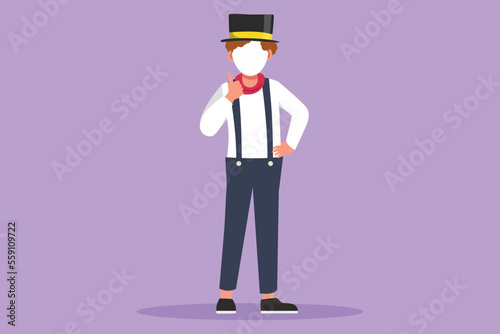 Cartoon flat style drawing male mime artist stands with thumbs up gesture, white make up face makes audience laugh with silent comedy. Entertainment worker on duty. Graphic design vector illustration
