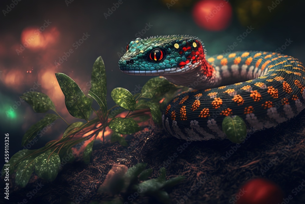 Fototapeta premium illustration of close-up portrait snake in natural habitat