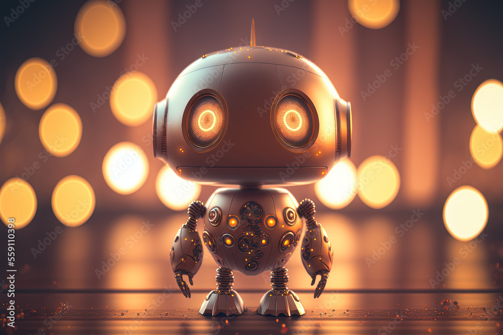 Cute robot with bokeh background. Technology concept. Generative AI Cute robot with bokeh background. Technology concept. Generative AI
