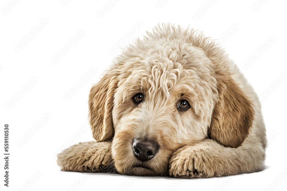 golden doodle dog lying down on isolated white background, generative ai