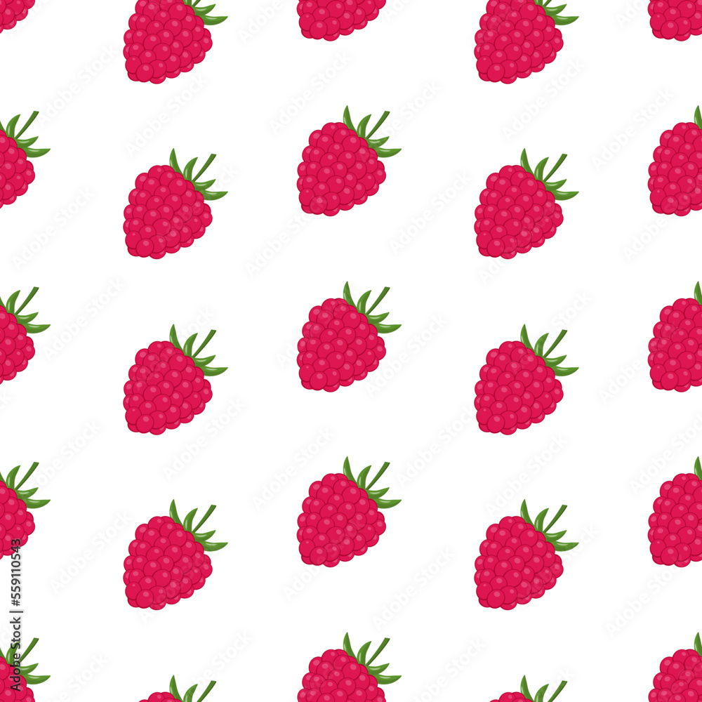 Seamless pattern with pink raspberries. Vector illustration isolated on white background.