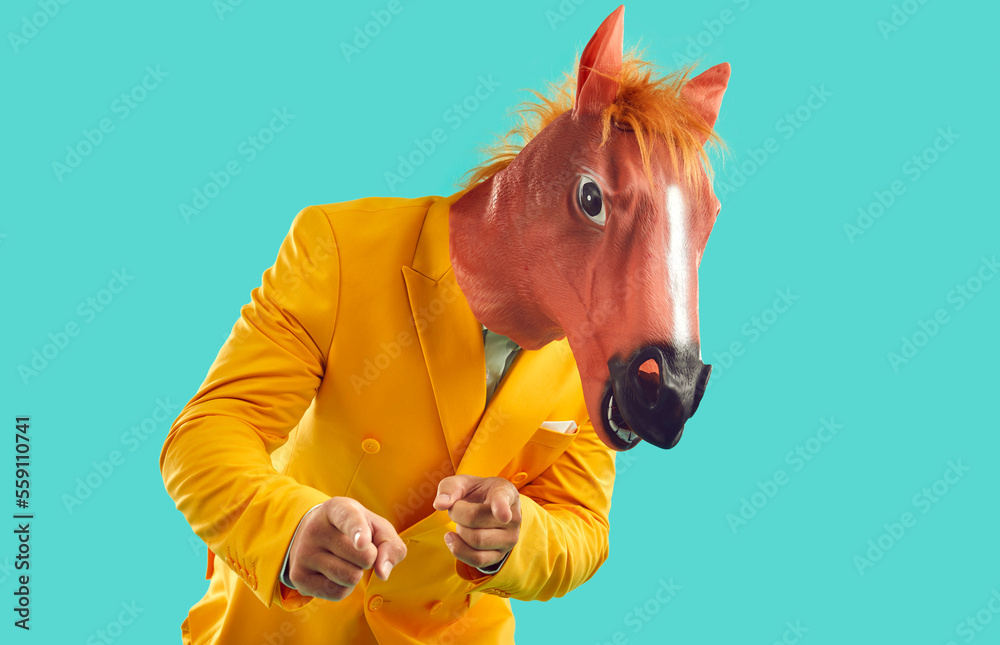 Strange guy in funny disguise invites you to cool party. Man wearing