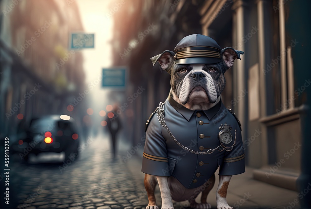 illustration of a dog wearing fashion costume or disguise as police ...