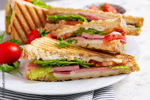 Club sandwich panini with ham, tomato, cheese and lettuce. Top view