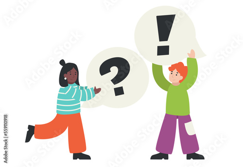 Girl and guy are holding conversational clouds with an exclamation mark and a question mark in their hands. Vector graphic.	