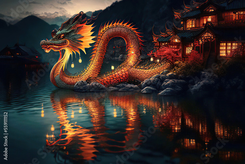 Beautiful fantasy landscape with a chinese dragon near the traditional chinese houses and the lake, twilight, reflection in water, Generative AI © Eva