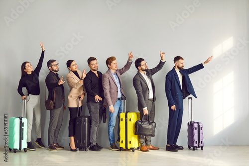 Group of people with suitcases going on business trips or holidays, standing in line at the airport, waving hands, and saying goodbye to their friends and family. Traveling by plane concept