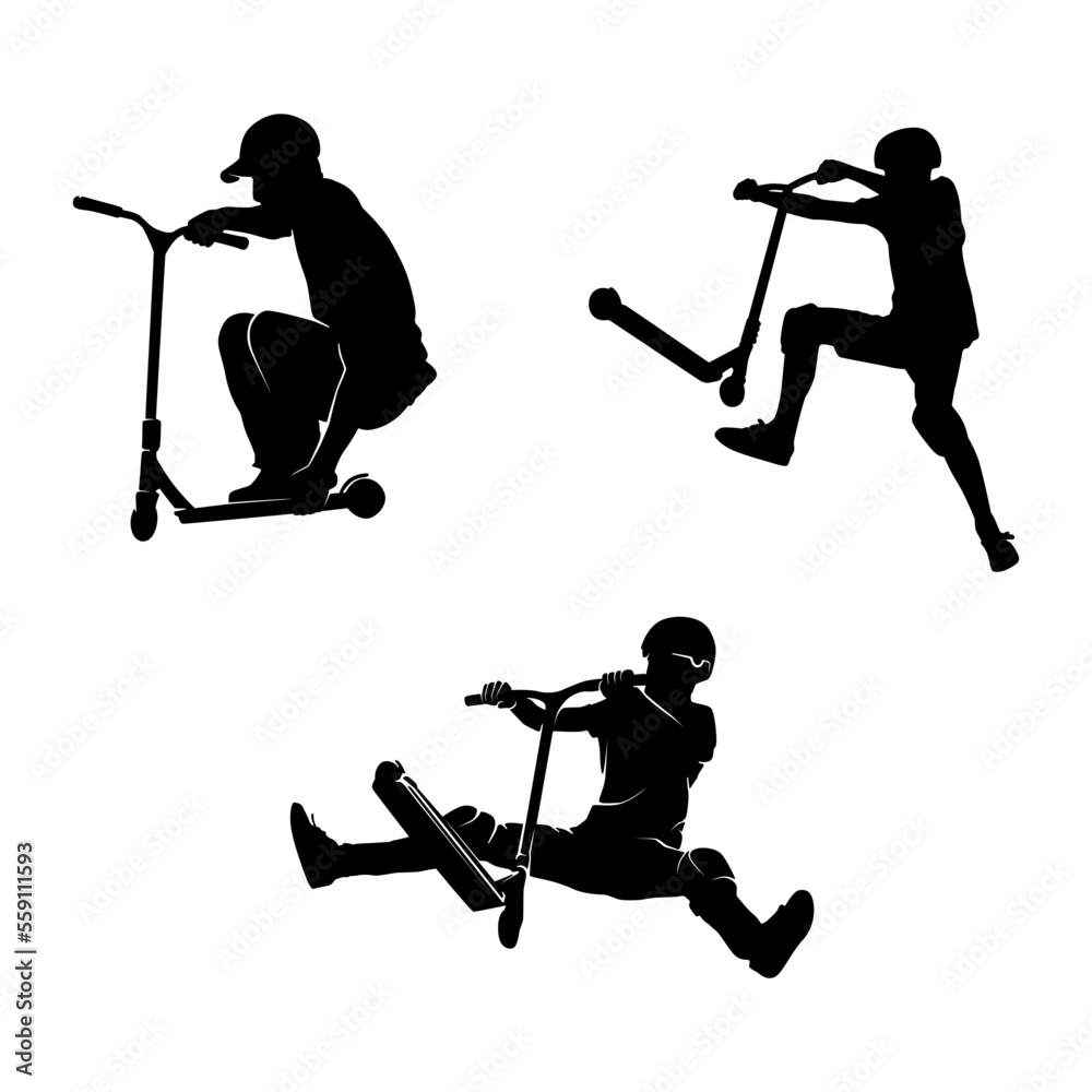 Package 3x silhouette of a trick stunt scooter - obrazy, fototapety, plakaty 