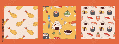 Vector set of seamless patterns with japanese food in retro style. Sushi, onigiri, tempura fried ebi, soy sauce and wasabi. Collection of backgrounds with asian food 70s.
