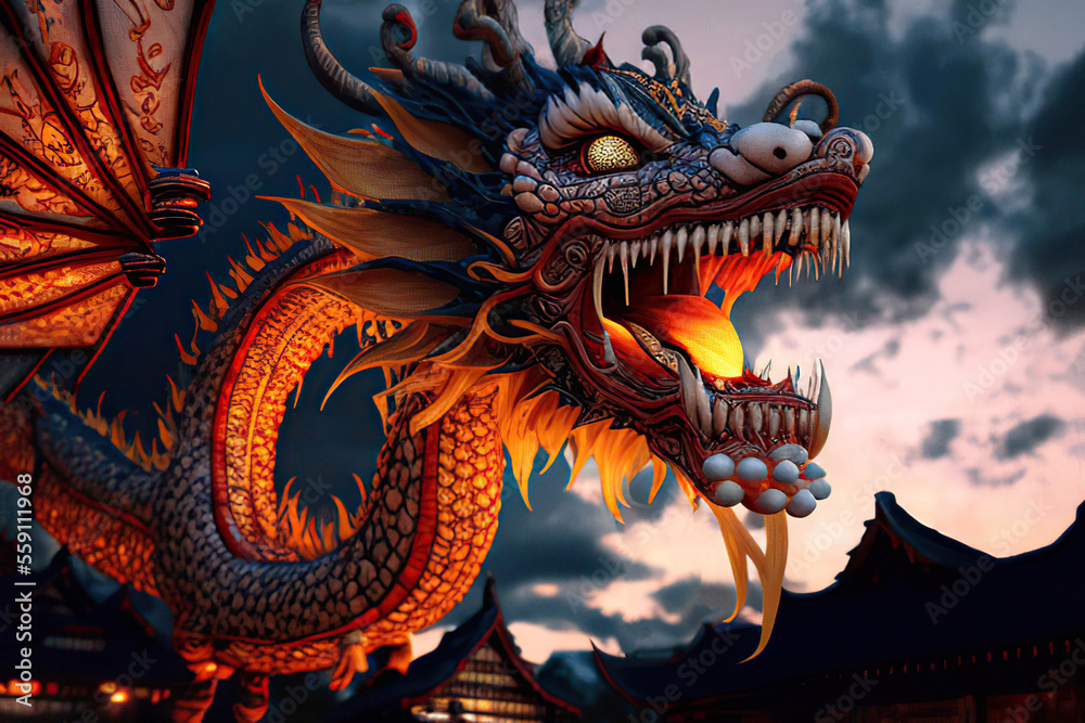 Fantasy chinese dragon in the twilight sky with clouds background, Chinese Lantern Festival, Generative AI Fantasy chinese dragon in the twilight sky with clouds background, Chinese Lantern Festival, Generative AI