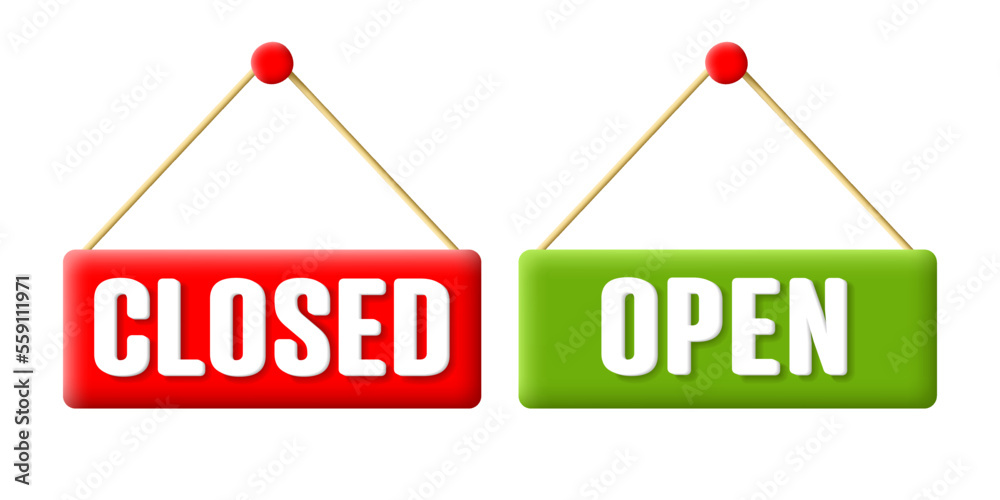 Open and Closed shop sign 3d icon hanging on a pin in red and green colors Open and Closed shop sign 3d icon hanging on a pin in red and green colors