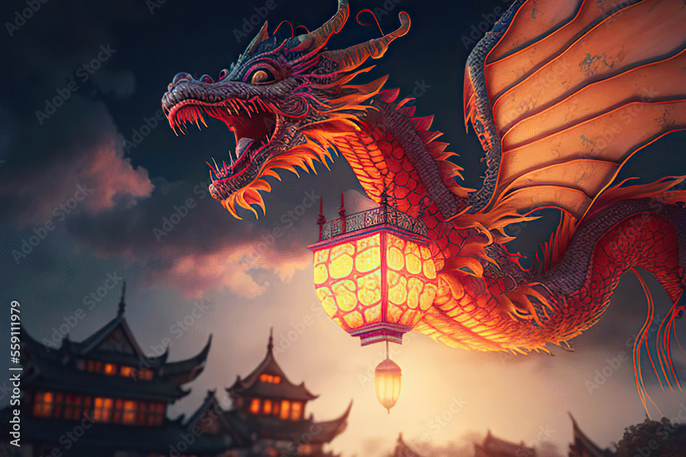 Fantasy chinese dragon with a glowing chinese lantern flying over the chinese town, twilight, Chinese Lantern Festival, Generative AI