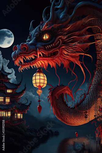 Fantasy chinese dragon with glowing eyes above the chinese houses and the lake, Chinese Lantern Festival, fantasy night scene with the moon, Generative AI © Eva