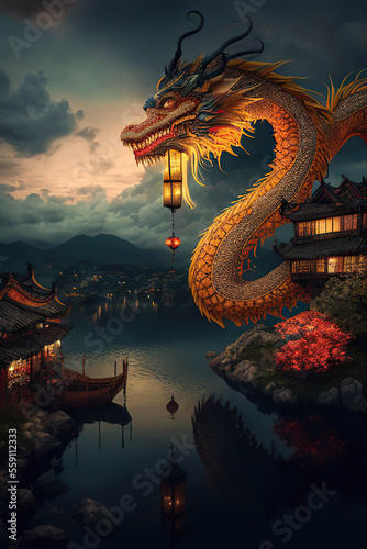 Yellow chinese dragon with a glowing lantern in the sky above the town and the lake  fantasy twilight scene  Generative AI