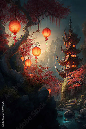 Wonderful fantasy landscape with a chinese house with a decorative roof on the mountains and orange chinese lanterns on the sakure tree, Chinese Lantern Festival, Generative AI © Eva