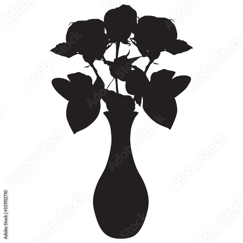 Rose flowers bouquet in vase black silhouette, vector illustration