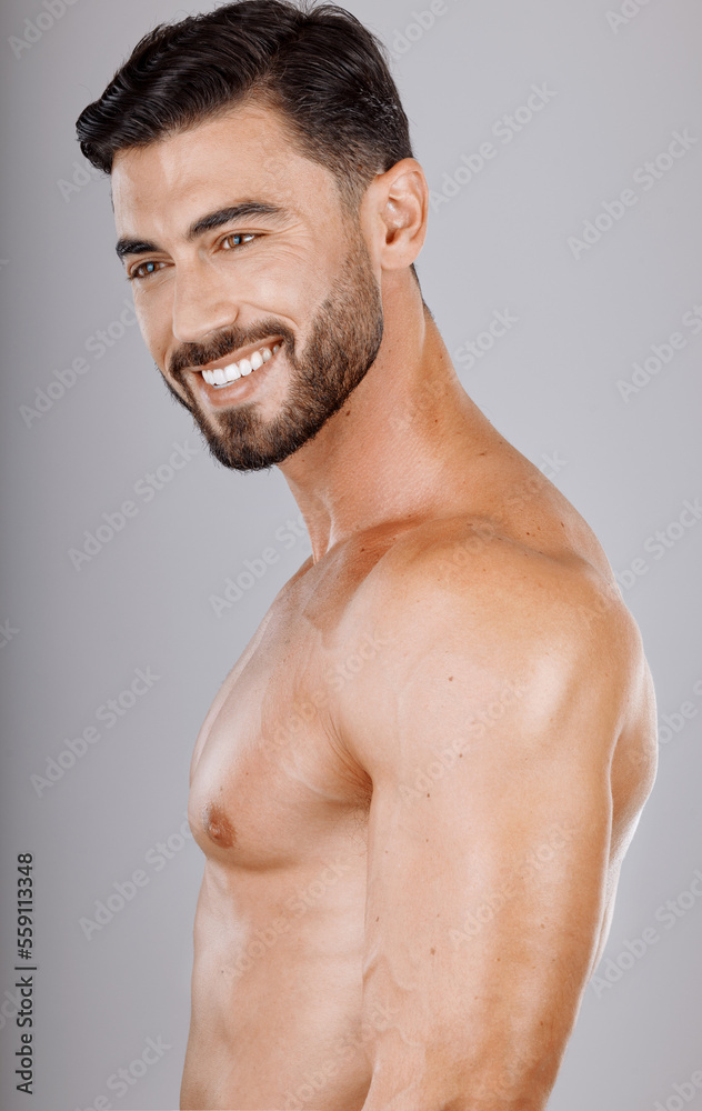 Obraz premium Man, face or body muscles on studio background in workout check, healthcare wellness or training goals. Smile, happy, or fitness model and bodybuilding progress, exercise motivation or personal goals