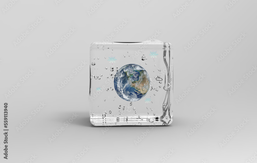 The world is frozen, Frozen Planet Earth, climate change, snowfall, Frozen Earth, freezing cold, ice cube glob, water bubble, snowflakes, global warming, 3D illustration, 3D rendering