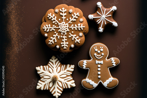 A snowman and snowflake shaped gingerbread treat. Generative AI