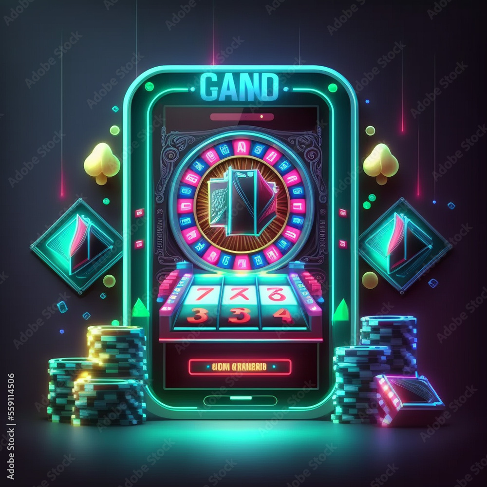 Online casino, banner with podium with smartphone, casino slot machine,  Casino Roulette and poker chips in dark scene with neon rhombus frames and  hologram of digital rings 5525136 Vector Art at Vecteezy