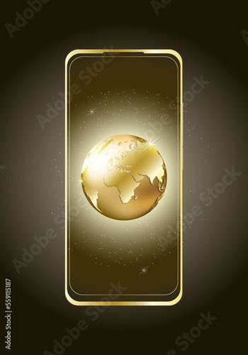 Smart phone mock-up in vertical orientation with shining golden globe with world map on device dark screen. Planet Earth Day or Christmas winter holliday concept EPS10 Vector illustration