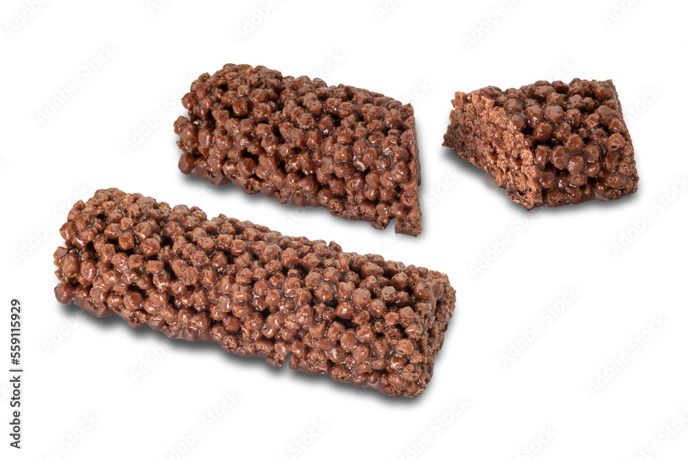 Snack bars with chocolate cereal, one whole and one cut up isolated on white, clipping path Snack bars with chocolate cereal, one whole and one cut up isolated on white, clipping path