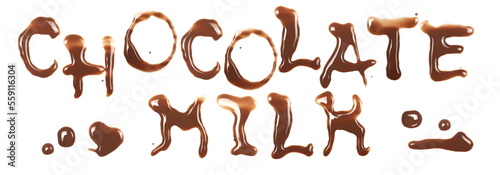 Word spilled chocolate milk puddle in shape letters isolated on white  top view