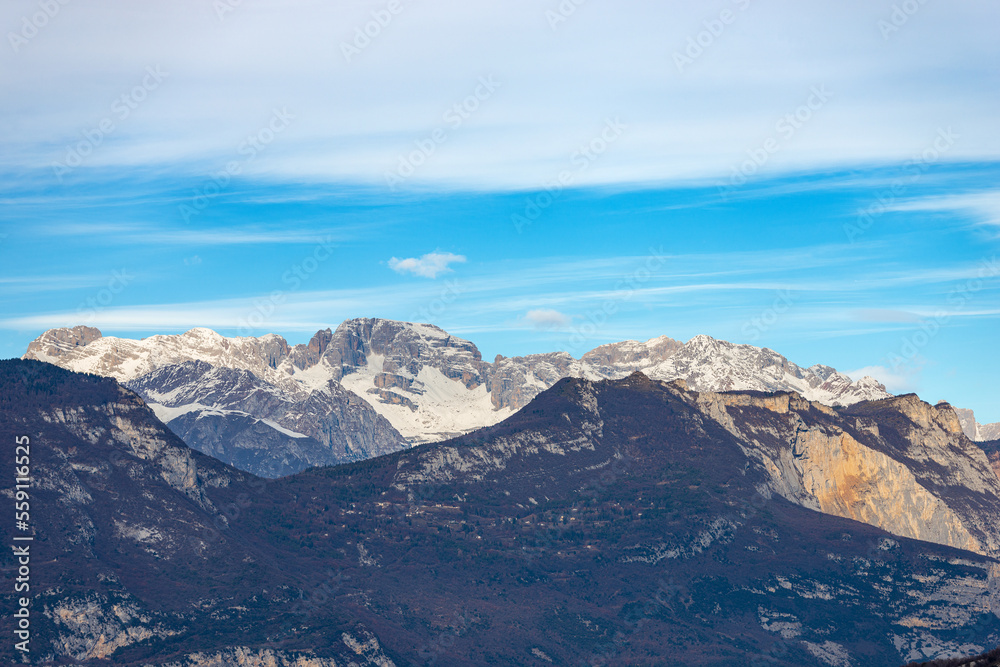 Mountain range of Brenta Dolomites (Dolomiti di Brenta, Adamello Brenta National Park) view from the Baldo Mountain (Monte Baldo), Nago-Torbole, Trento province, Trentino Alto Adige, Italy, Europe.
