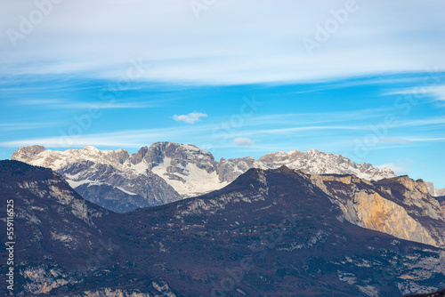 Mountain range of Brenta Dolomites (Dolomiti di Brenta, Adamello Brenta National Park) view from the Baldo Mountain (Monte Baldo), Nago-Torbole, Trento province, Trentino Alto Adige, Italy, Europe. 