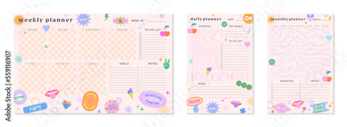 Vector daily,weekly,monthly planners templates with y2k patches,icons and emblems.Organizer and schedule with place for notes; goals and to do list.Trendy layouts in 90s groovy aesthetic.