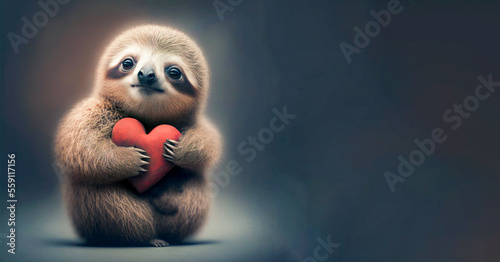 Cute adorable sloth holding a red valentine heart on a coloured background with copyspace for a personal message - generative AI