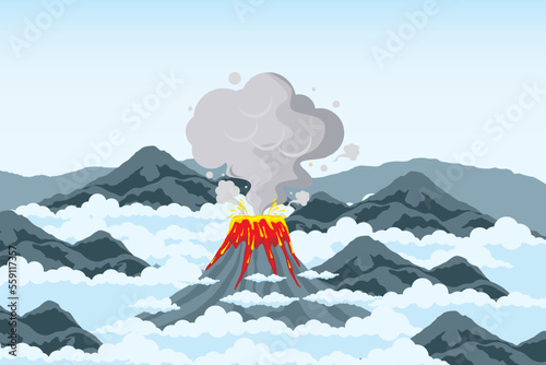 Vector illustration of an erupting volcano. Volcanic natural disasters erupt with hot lava