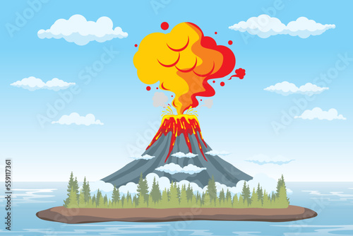 Vector illustration of an erupting volcano. Volcanic natural disasters erupt with hot lava