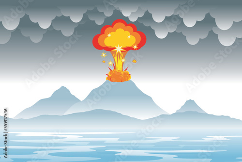 Vector illustration of an erupting volcano. Volcanic natural disasters erupt with hot lava